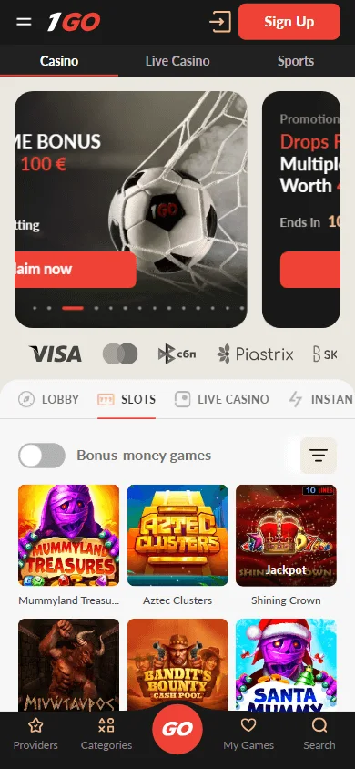 1go Casino games area on a mobile device
