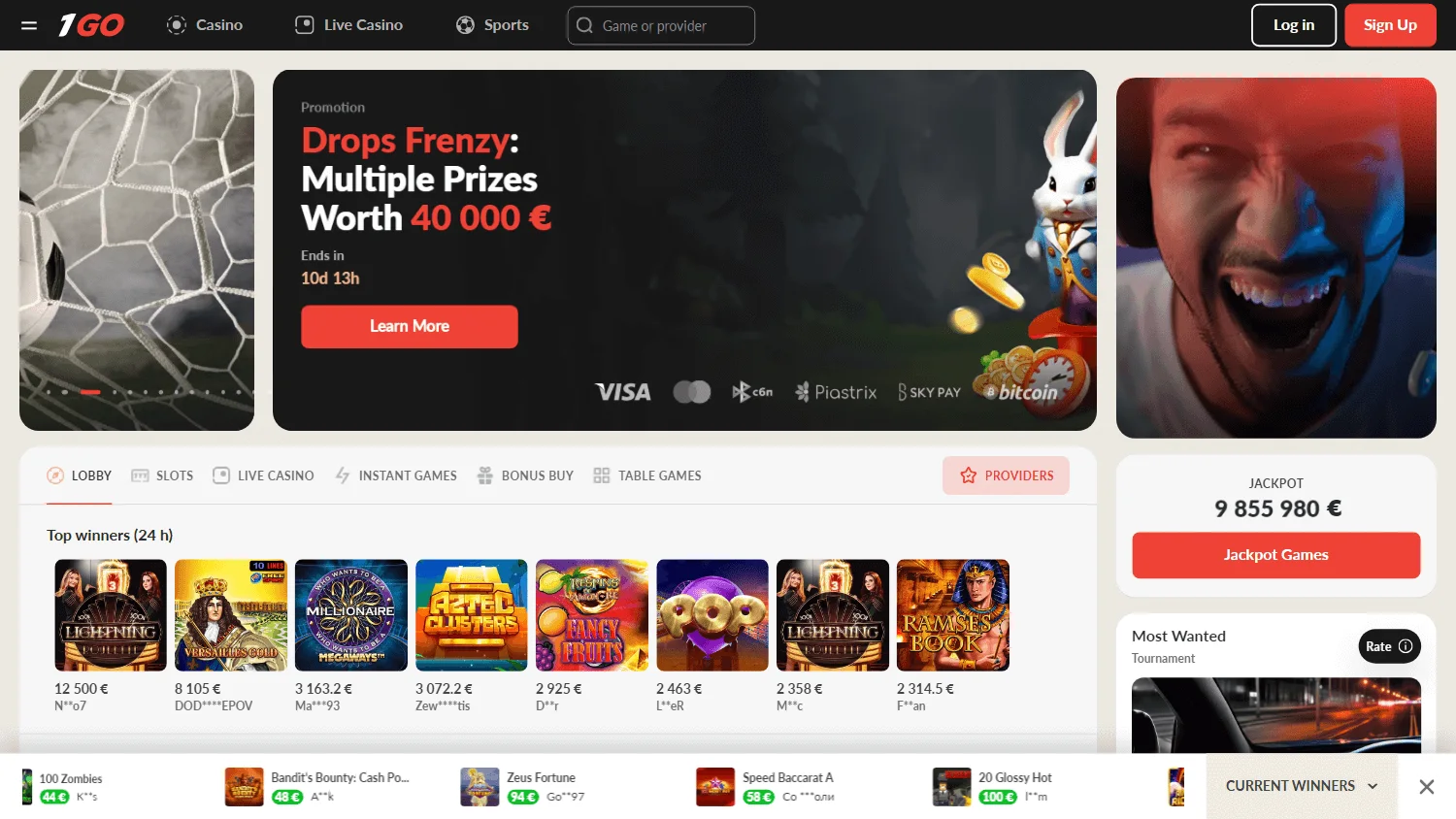 1go Casino home page on desktop