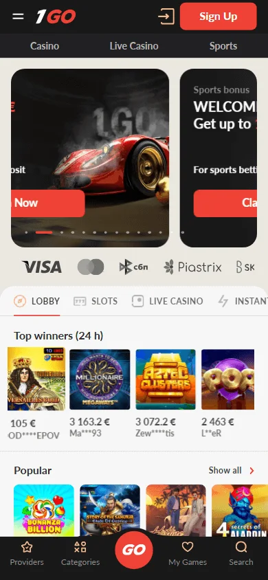 1go Casino home page on a mobile device