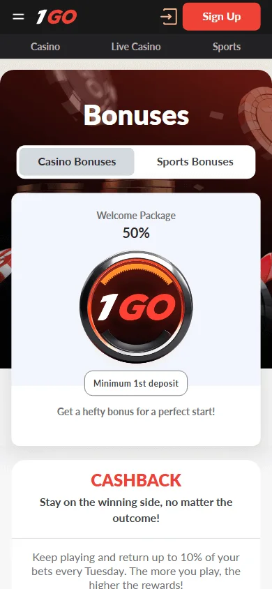 1go Casino promotions area on a mobile device